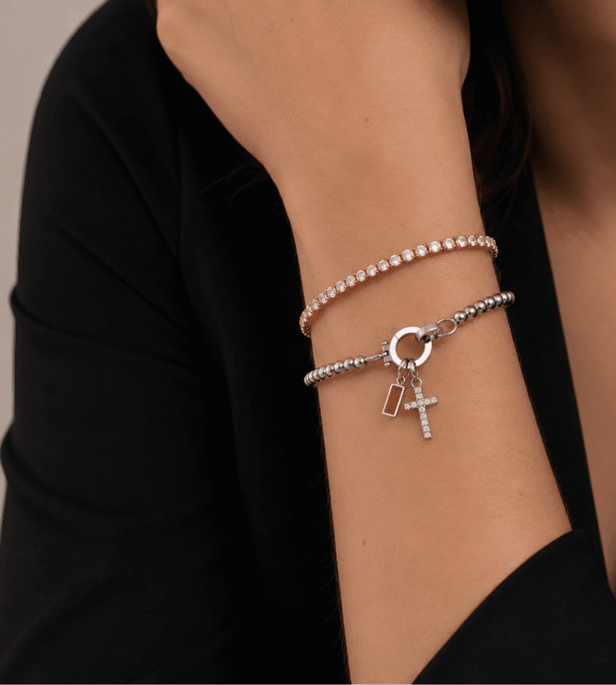 Gold Beaded Birthstone Cross Charm Bracelet - Mireva Jewelry