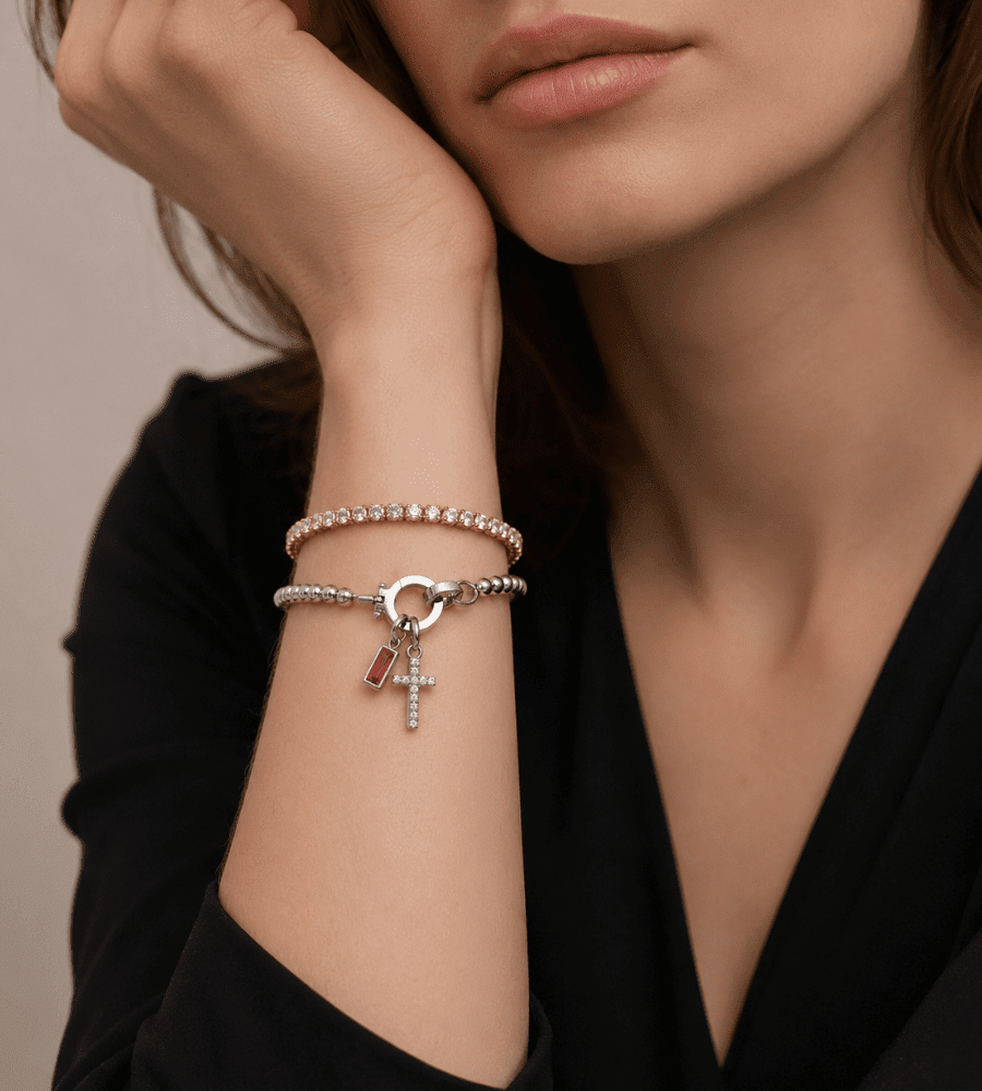 Gold Beaded Birthstone Cross Charm Bracelet - Mireva Jewelry