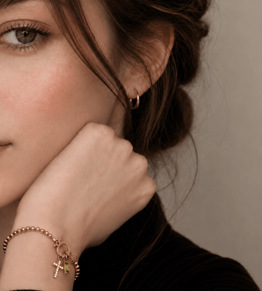 Gold Beaded Birthstone Cross Charm Bracelet - Mireva Jewelry
