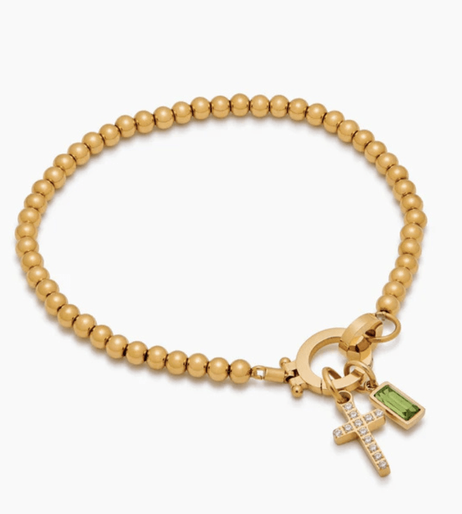 Gold Beaded Birthstone Cross Charm Bracelet - Mireva Jewelry