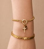 Gold Beaded Birthstone Cross Charm Bracelet - Mireva Jewelry