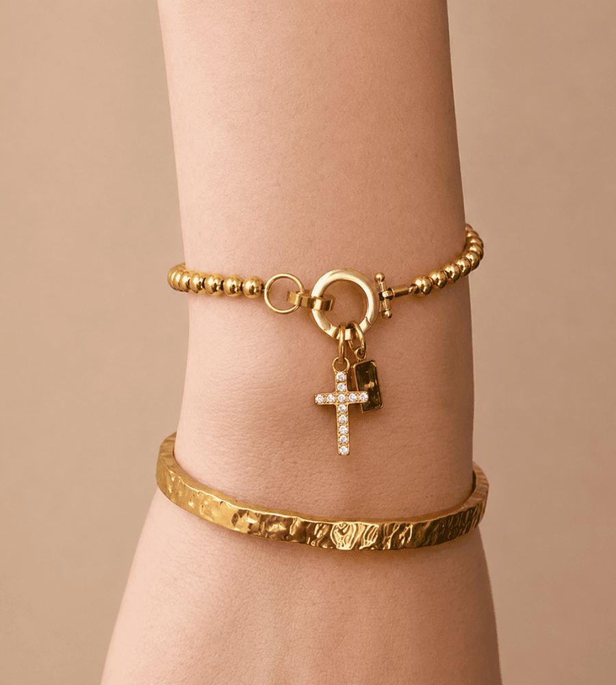 Gold Beaded Birthstone Cross Charm Bracelet - Mireva Jewelry