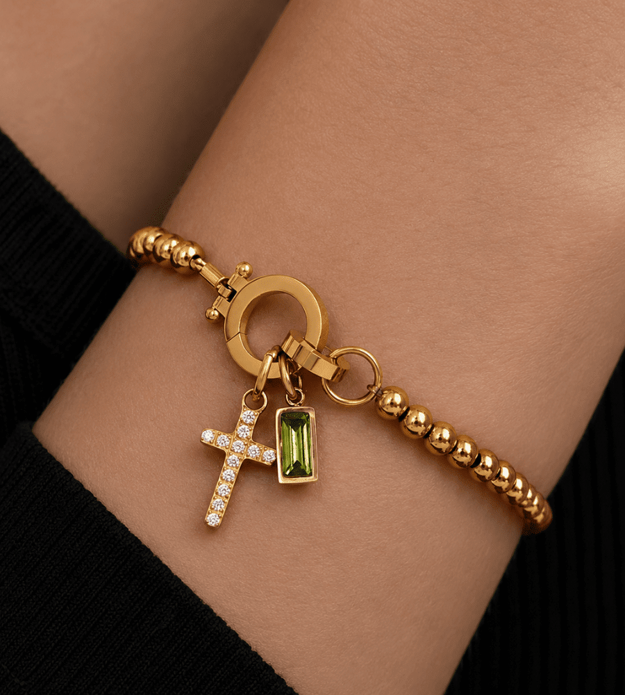 Gold Beaded Birthstone Cross Charm Bracelet - Mireva Jewelry