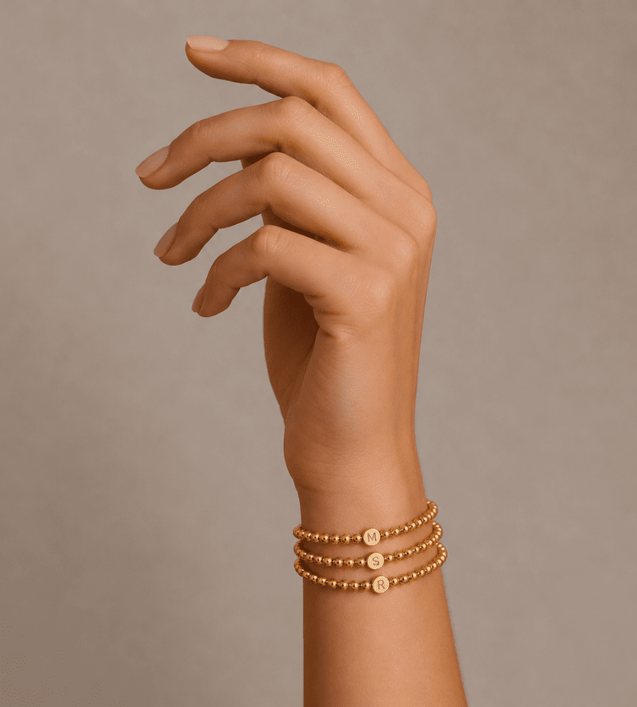 Gold Engraved Initial Beaded Bracelet - Mireva Jewelry