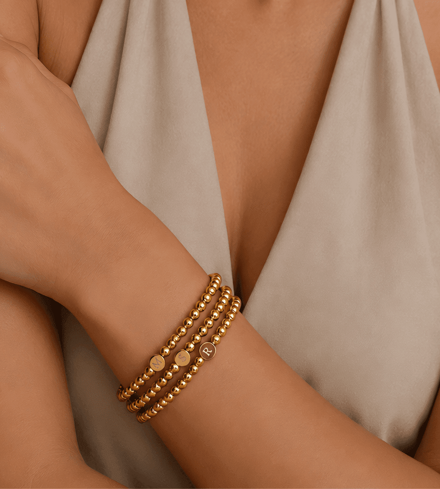 Gold Engraved Initial Beaded Bracelet - Mireva Jewelry
