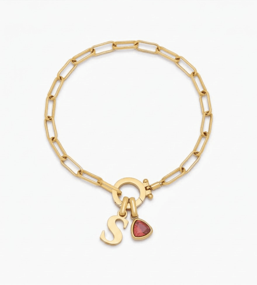 Initial & Birthstone Paperclip Chain Bracelet - Mireva Jewelry