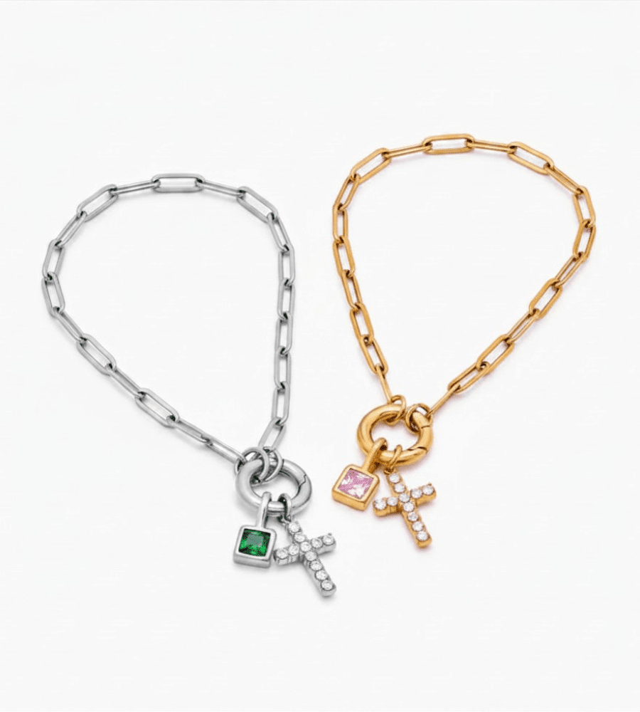 Paperclip Birthstone Cross Charm Bracelet - Mireva Jewelry