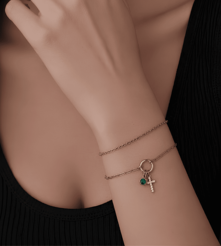 Paperclip Birthstone Cross Charm Bracelet - Mireva Jewelry