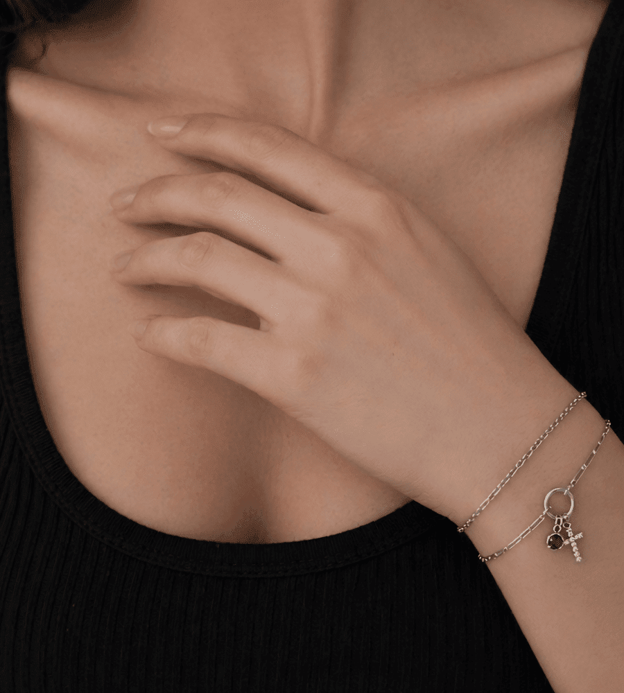 Paperclip Birthstone Cross Charm Bracelet - Mireva Jewelry