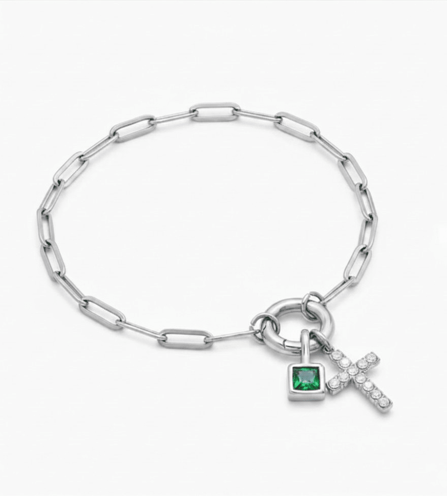 Paperclip Birthstone Cross Charm Bracelet - Mireva Jewelry