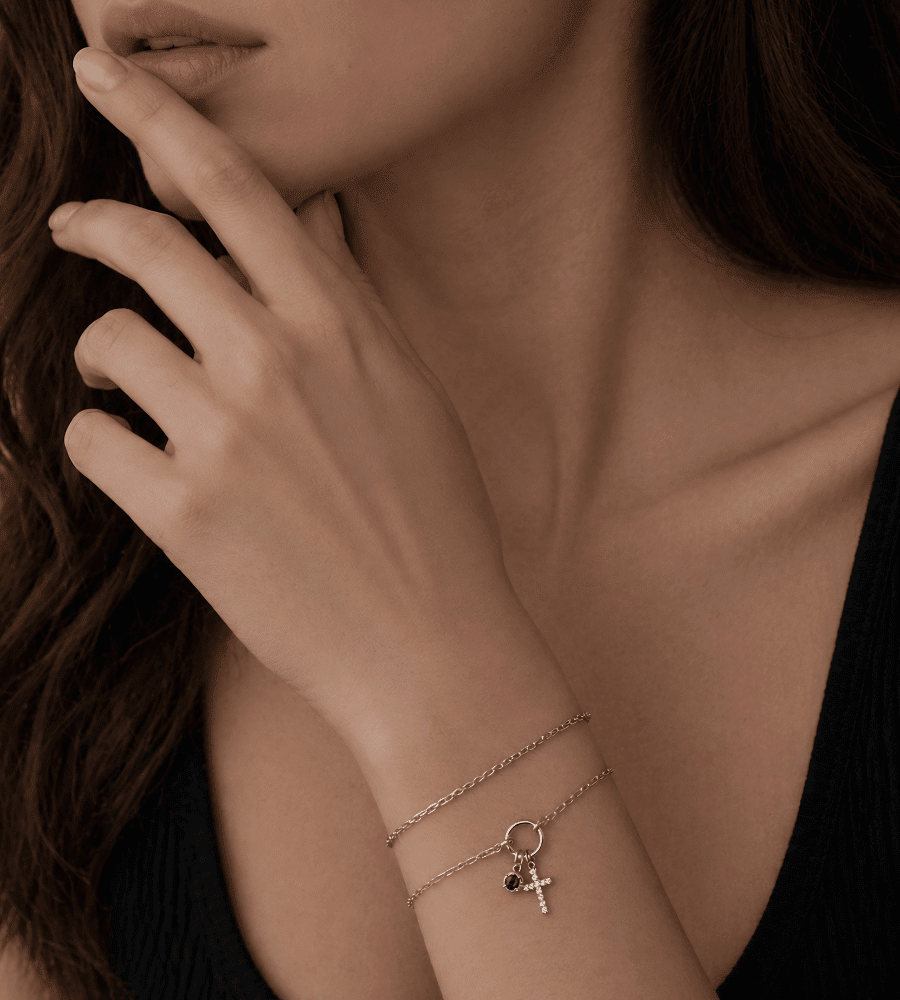 Paperclip Birthstone Cross Charm Bracelet - Mireva Jewelry