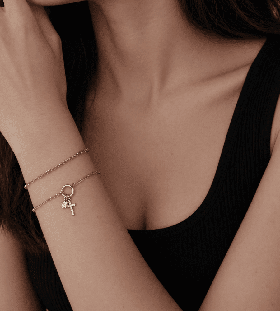 Paperclip Birthstone Cross Charm Bracelet - Mireva Jewelry