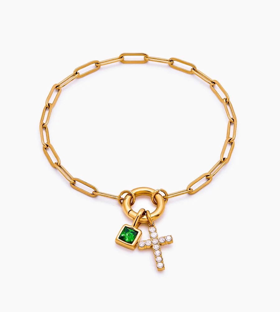 Paperclip Birthstone Cross Charm Bracelet - Mireva Jewelry