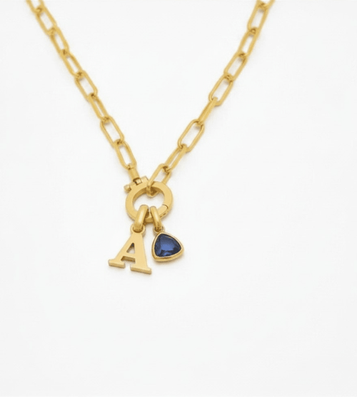 Paperclip Birthstone Initial Charm Necklace - Mireva Jewelry