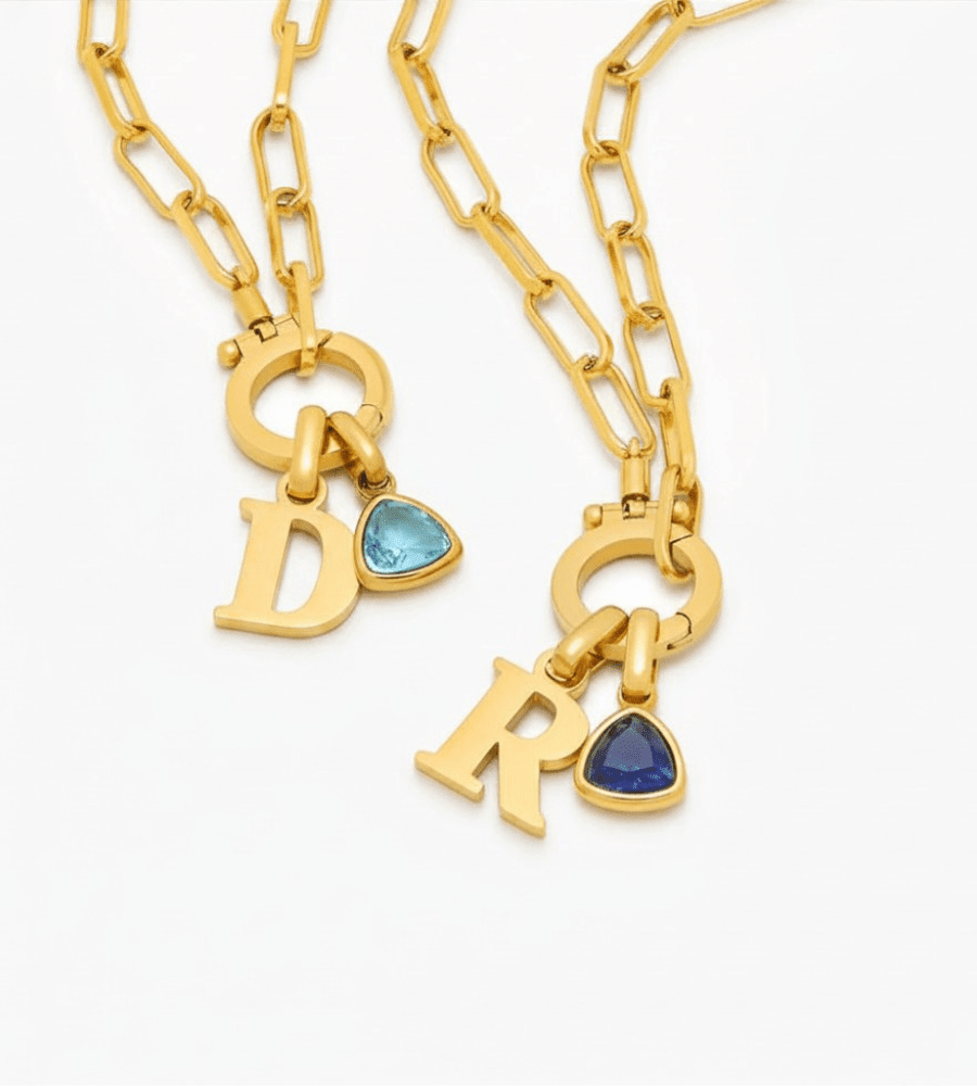 Paperclip Birthstone Initial Charm Necklace - Mireva Jewelry