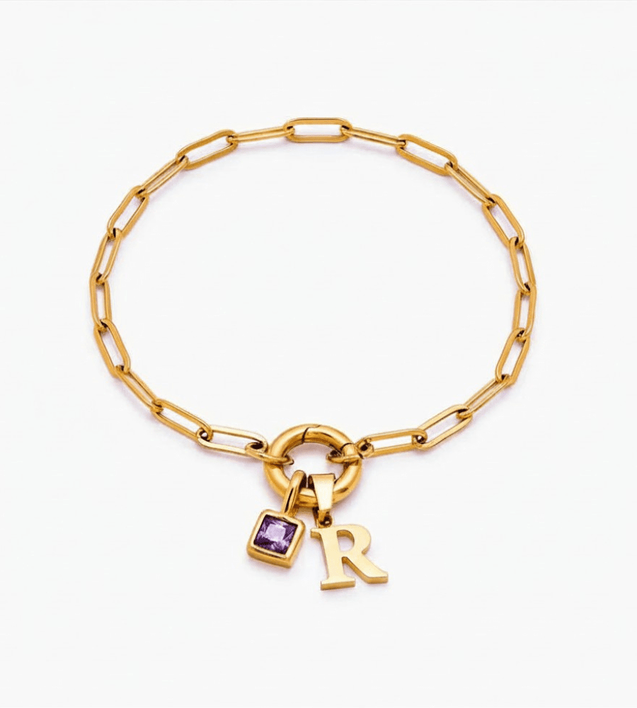 Paperclip Initial Birthstone Bracelet - Mireva Jewelry