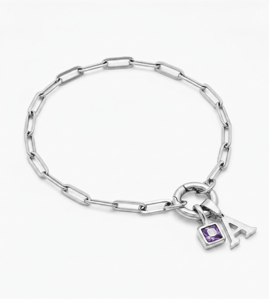 Paperclip Initial Birthstone Bracelet - Mireva Jewelry