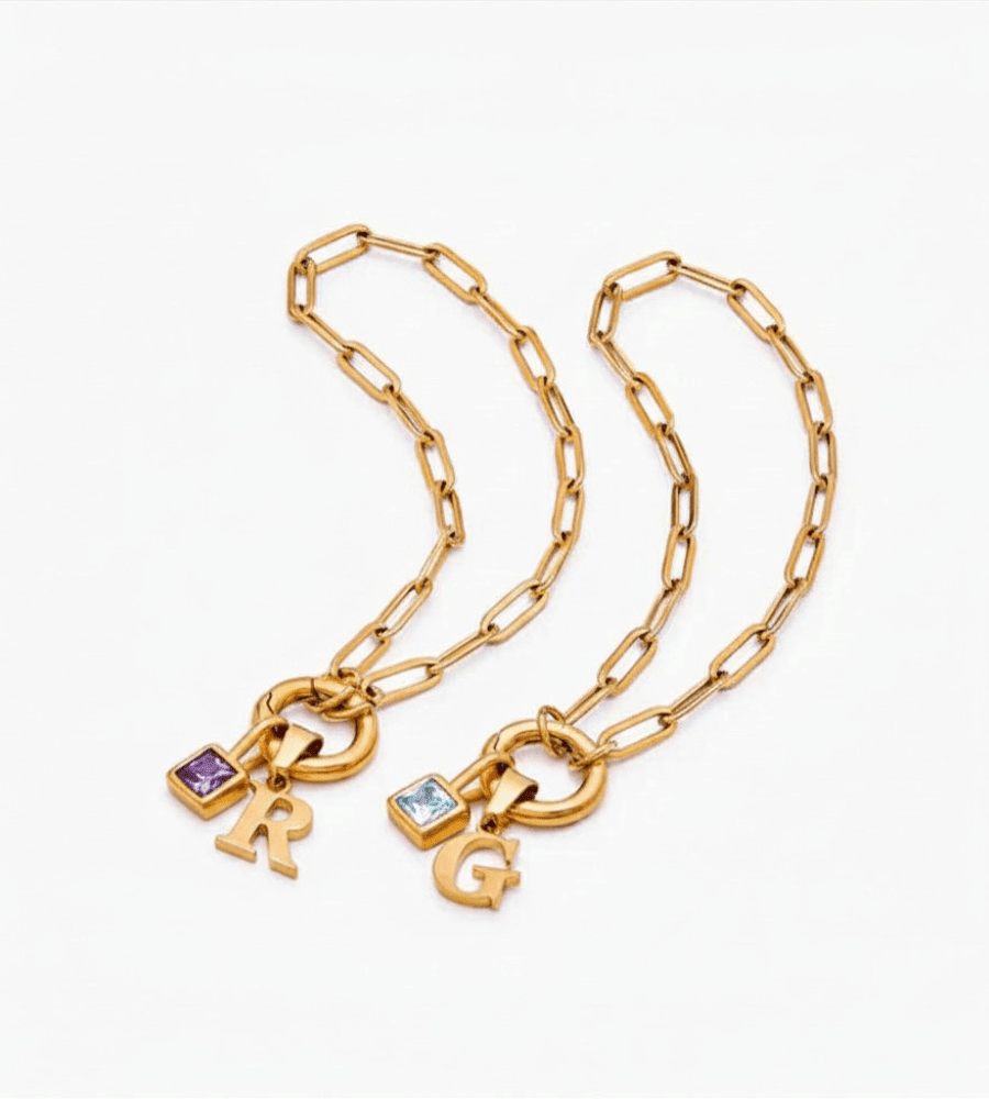Paperclip Initial Birthstone Bracelet - Mireva Jewelry