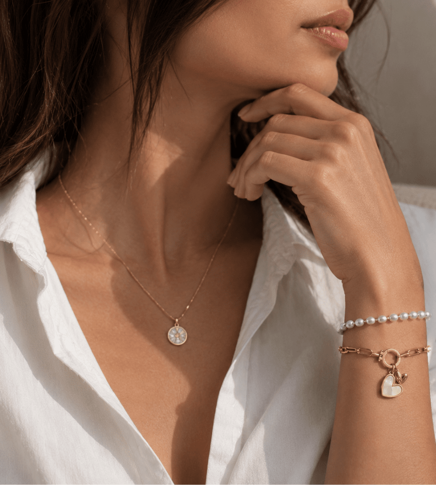 Paperclip Pearl Initial Heart Charm Bracelet - Mireva Jewelry