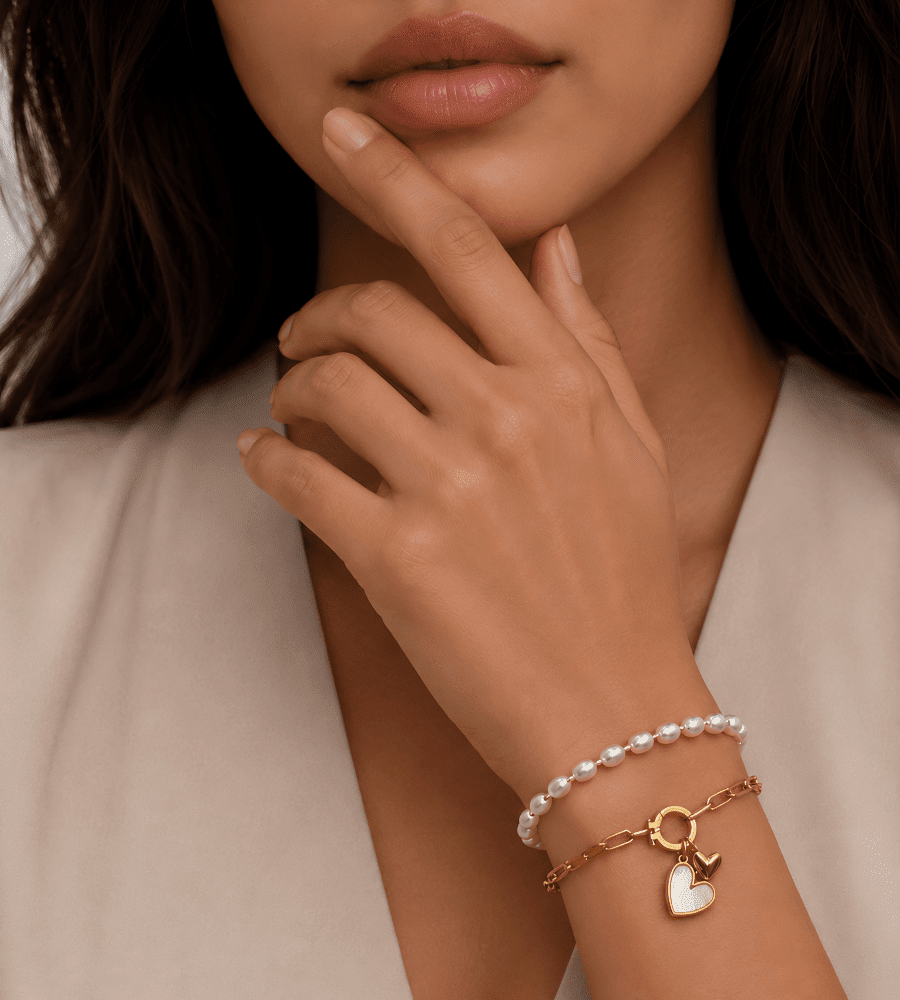 Paperclip Pearl Initial Heart Charm Bracelet - Mireva Jewelry