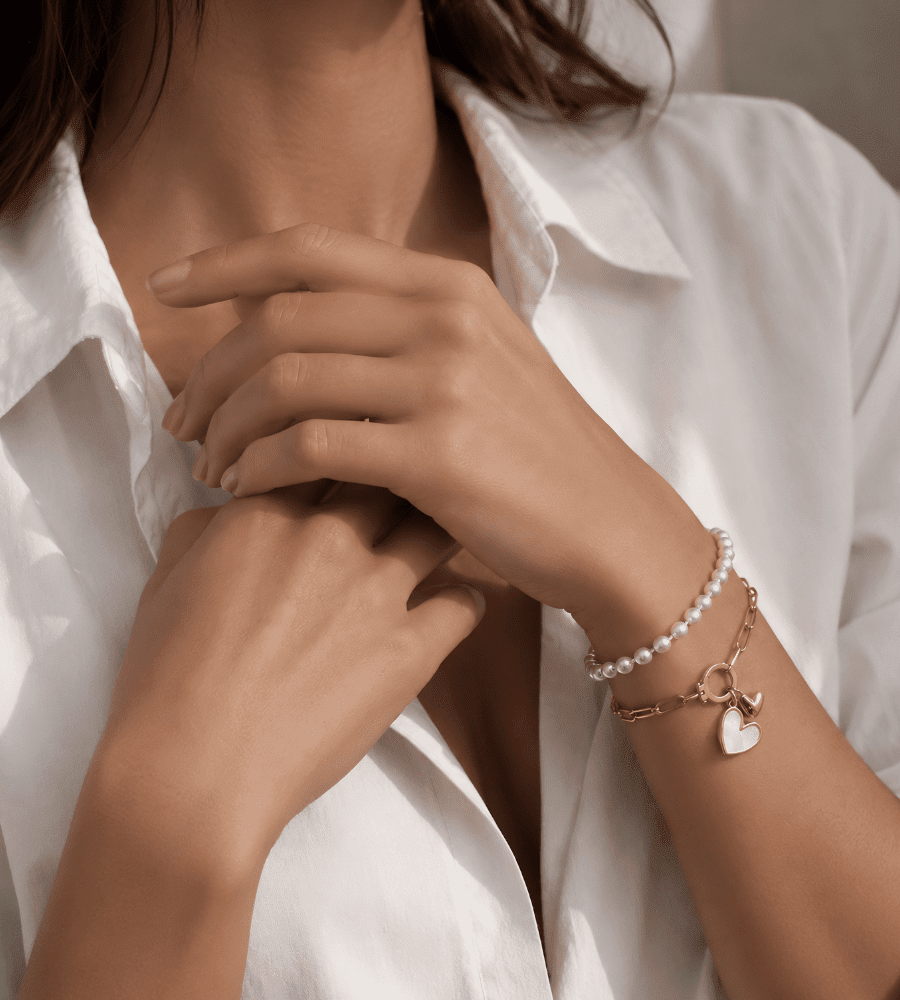 Paperclip Pearl Initial Heart Charm Bracelet - Mireva Jewelry