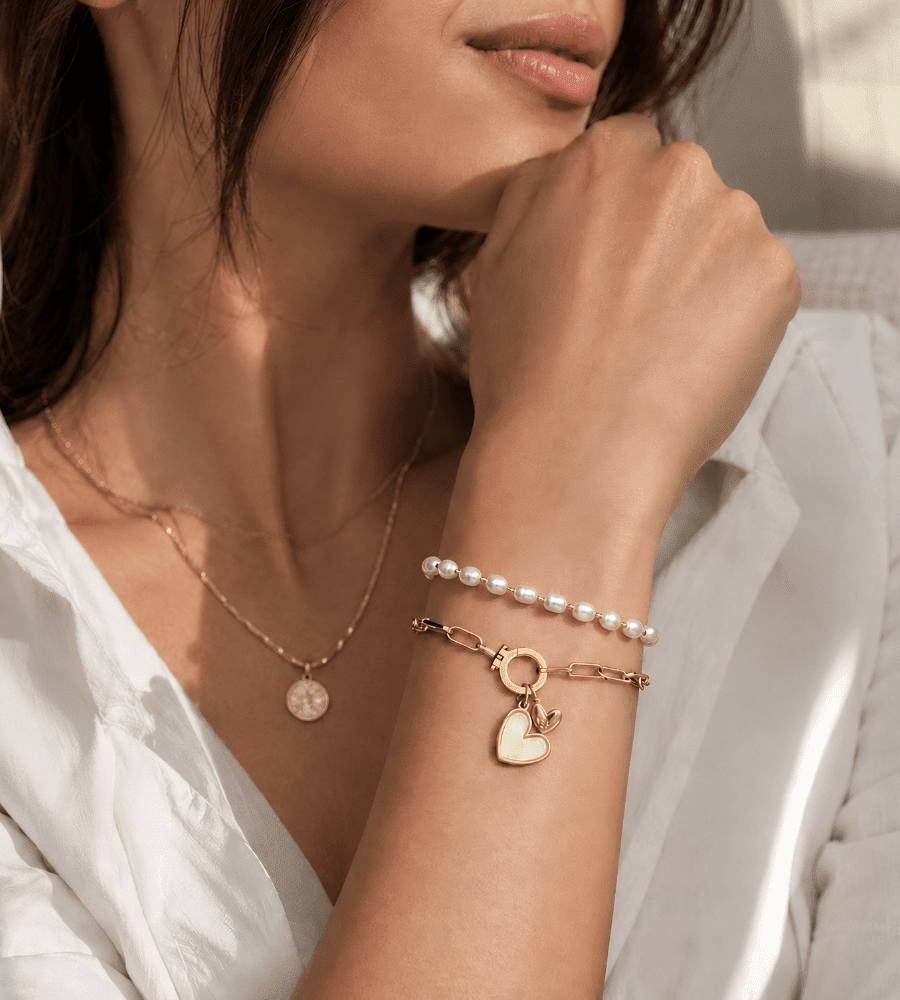 Paperclip Pearl Initial Heart Charm Bracelet - Mireva Jewelry