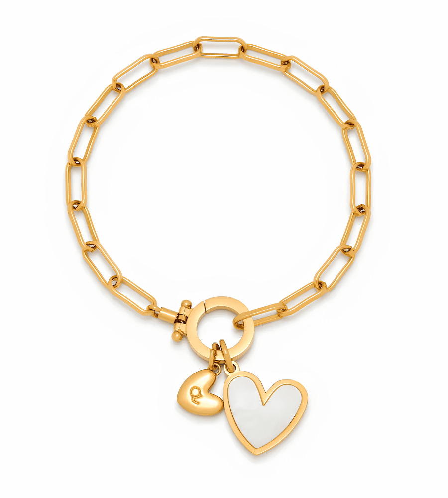 Paperclip Pearl Initial Heart Charm Bracelet - Mireva Jewelry