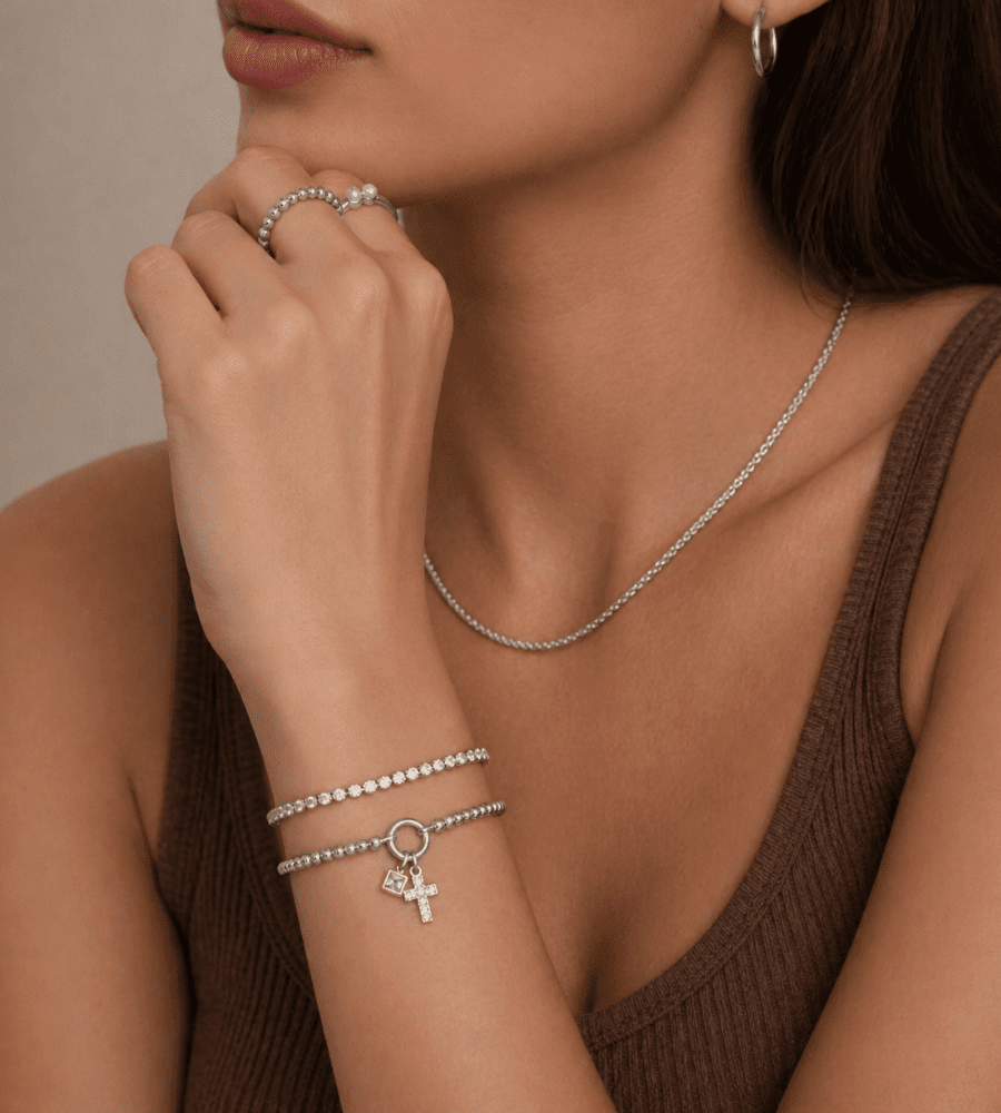 Pearl Birthstone Cross Charm Bracelet - Mireva Jewelry