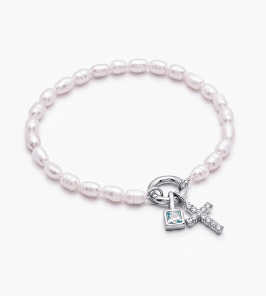 Pearl Birthstone Cross Charm Bracelet - Mireva Jewelry
