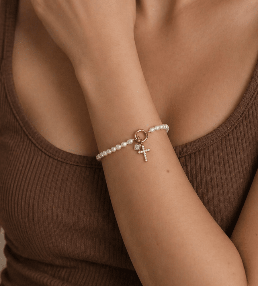 Pearl Birthstone Cross Charm Bracelet - Mireva Jewelry