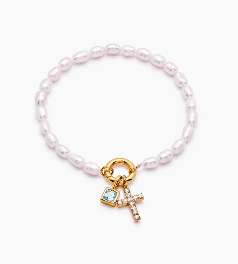 Pearl Birthstone Cross Charm Bracelet - Mireva Jewelry