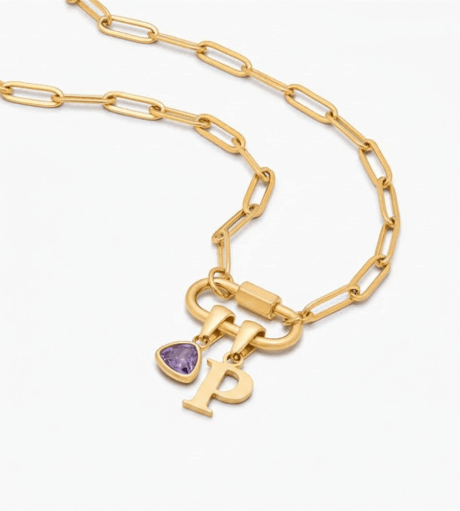 Personalized Carabiner Lock Necklace with Initial & Birthstone - Mireva Jewelry