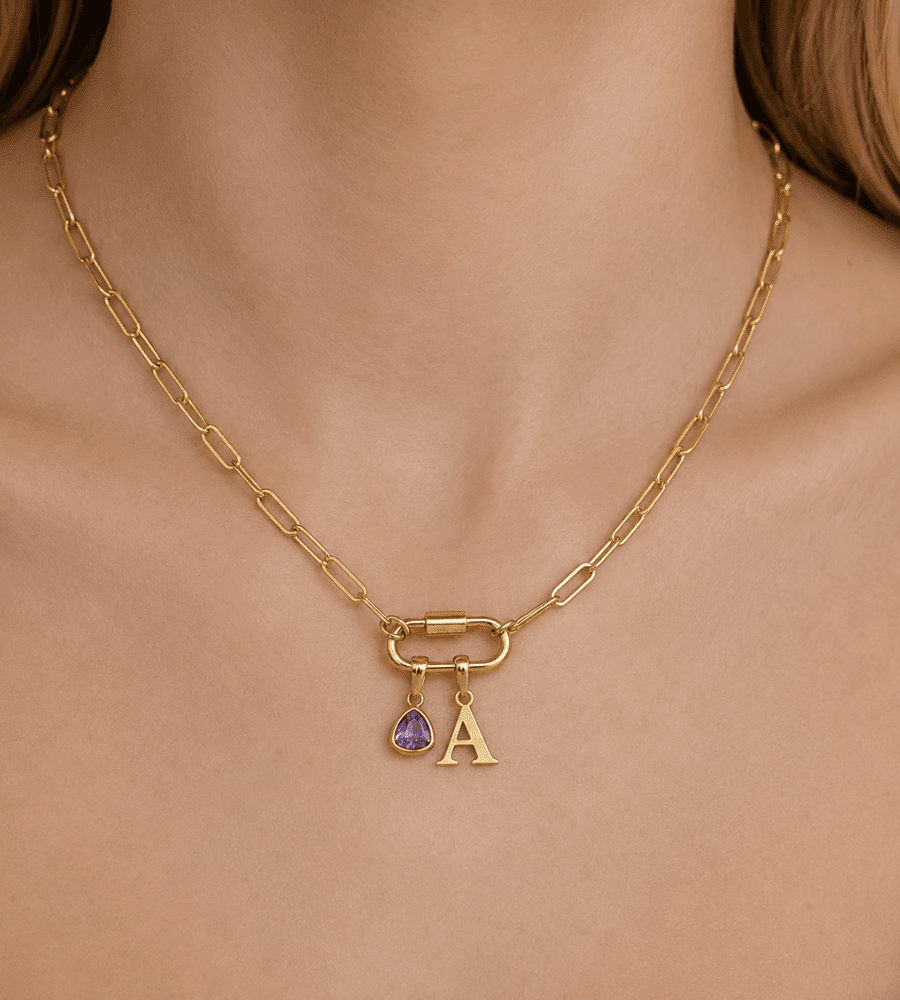 Personalized Carabiner Lock Necklace with Initial & Birthstone - Mireva Jewelry