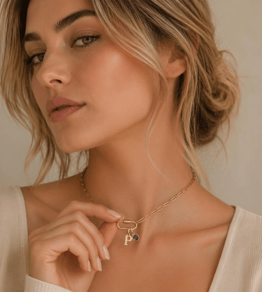Personalized Carabiner Lock Necklace with Initial & Birthstone - Mireva Jewelry