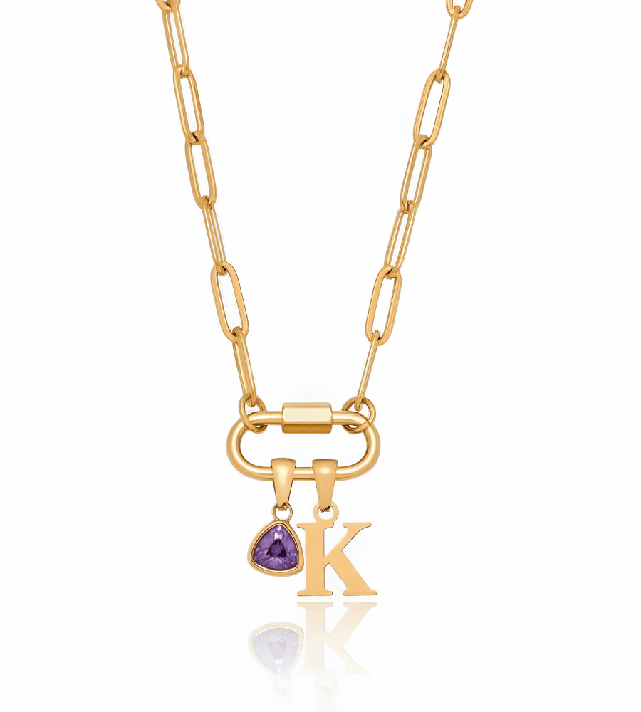 Personalized Carabiner Lock Necklace with Initial & Birthstone - Mireva Jewelry