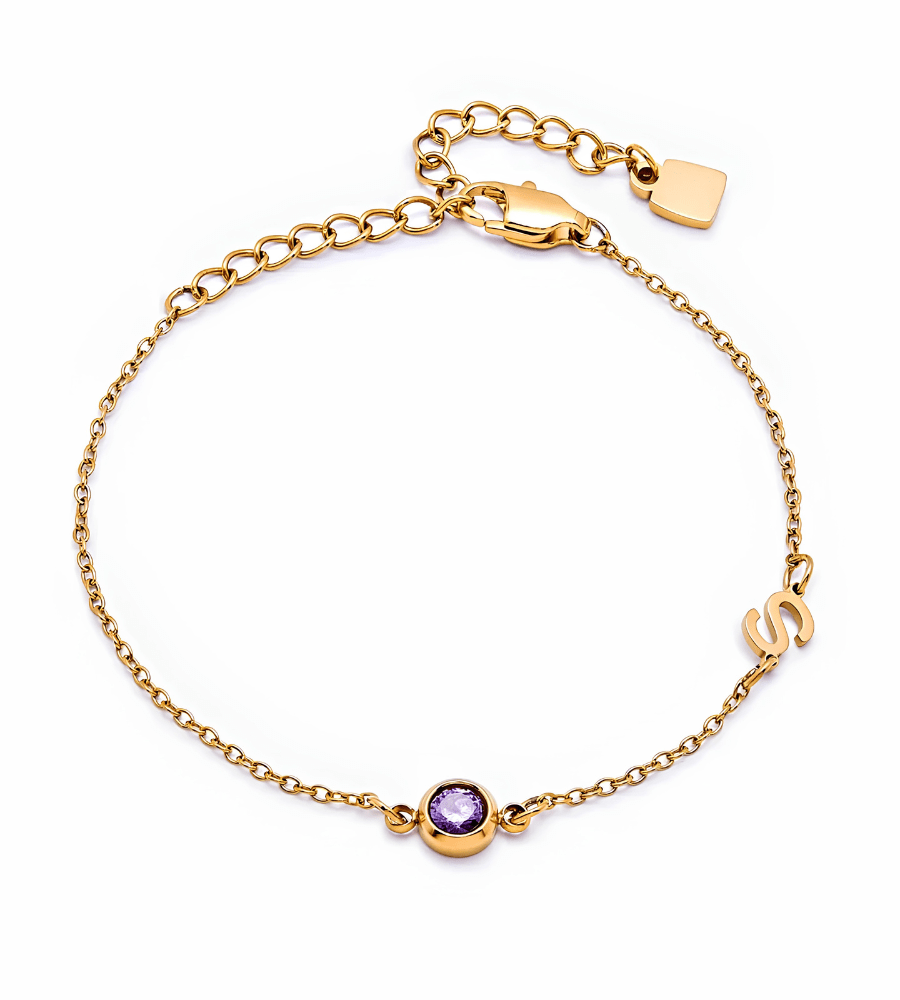 Side - Set Initial Birthstone Charm Bracelet - Mireva Jewelry