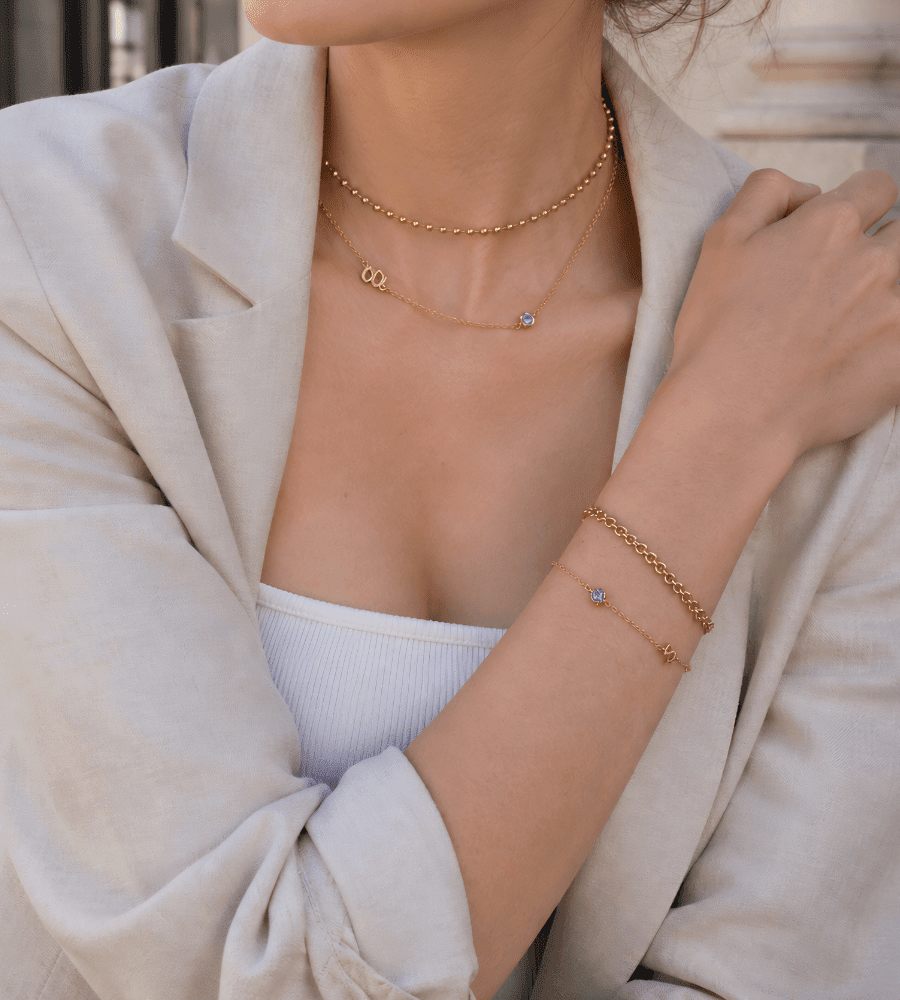 Side - Set Initial Birthstone Charm Bracelet - Mireva Jewelry