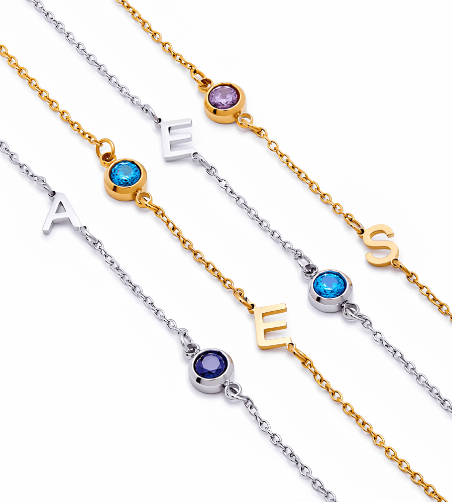 Side - Set Initial Birthstone Charm Bracelet - Mireva Jewelry